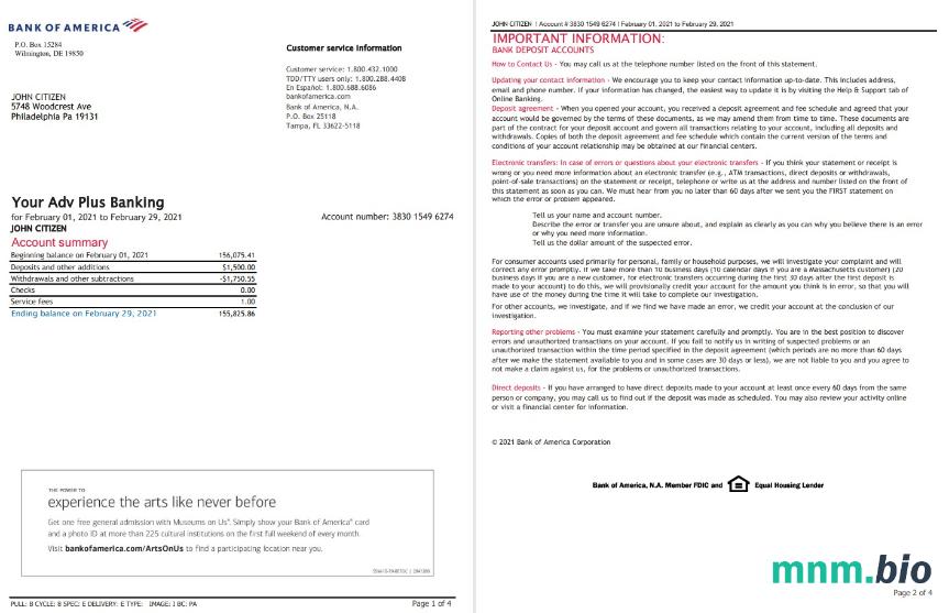 Wyciąg bankowy USA Bank of America łatwy do wypełnienia szablon w formacie Word i PDF